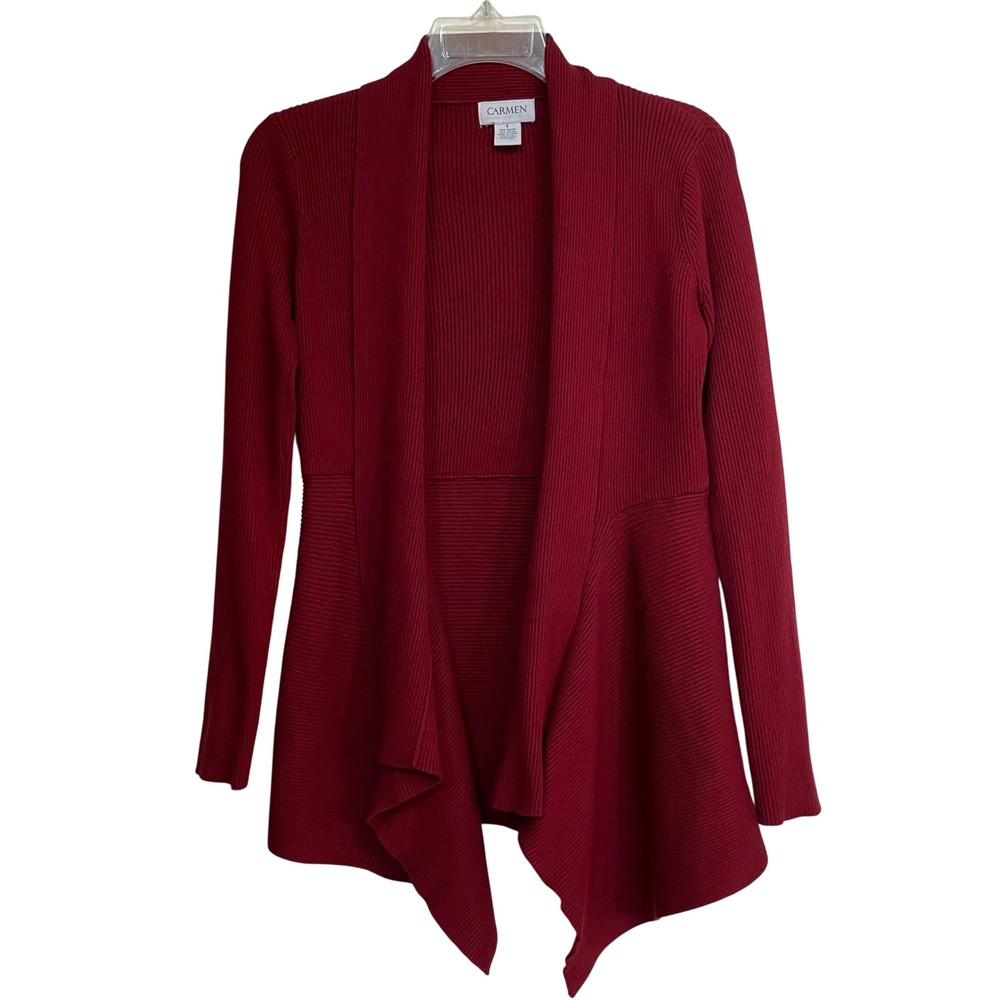 Carmen Marc Valvo Red Ribbed Knit Waterfall Cardigan Sweater Size S